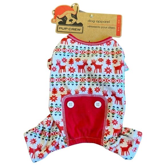 Pup Crew Red & White Reindeer Fairisle Knit Pet Pajamas XS NWT - Picture 1 of 8